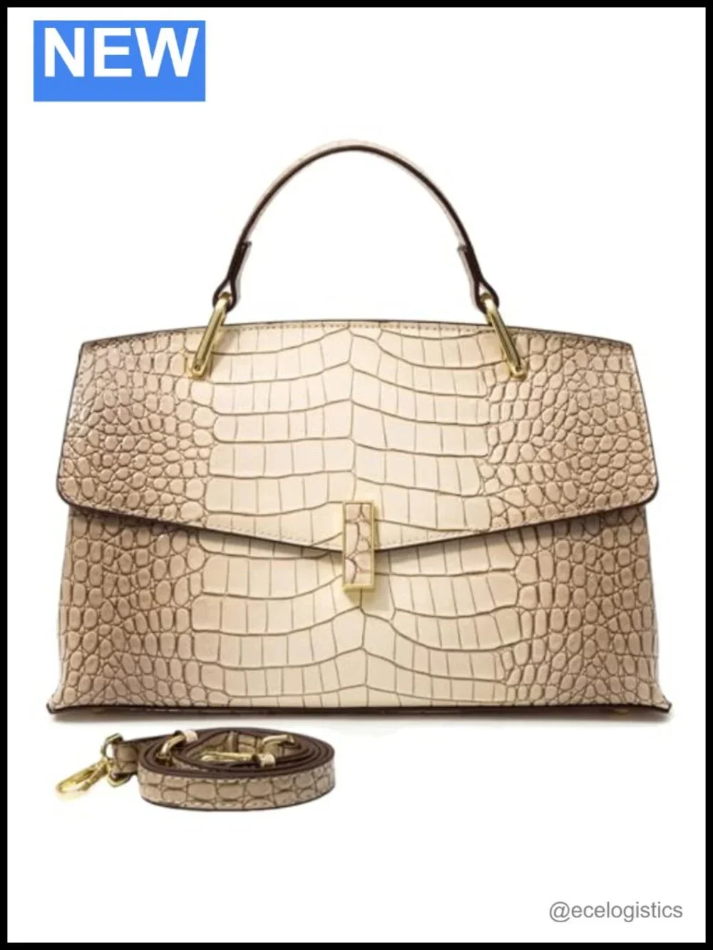 Genuine Leather Satchel Handbag with Snake Pattern Embossed Flap Clasp
